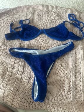 Blue Textured Underwire Bikini Set - Women Swim